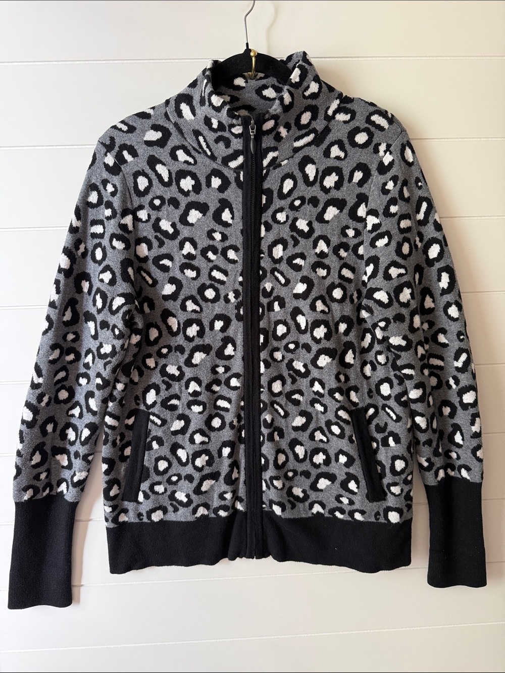 Cynthia Rowley Gray Black White Leopard Zip Cardigan